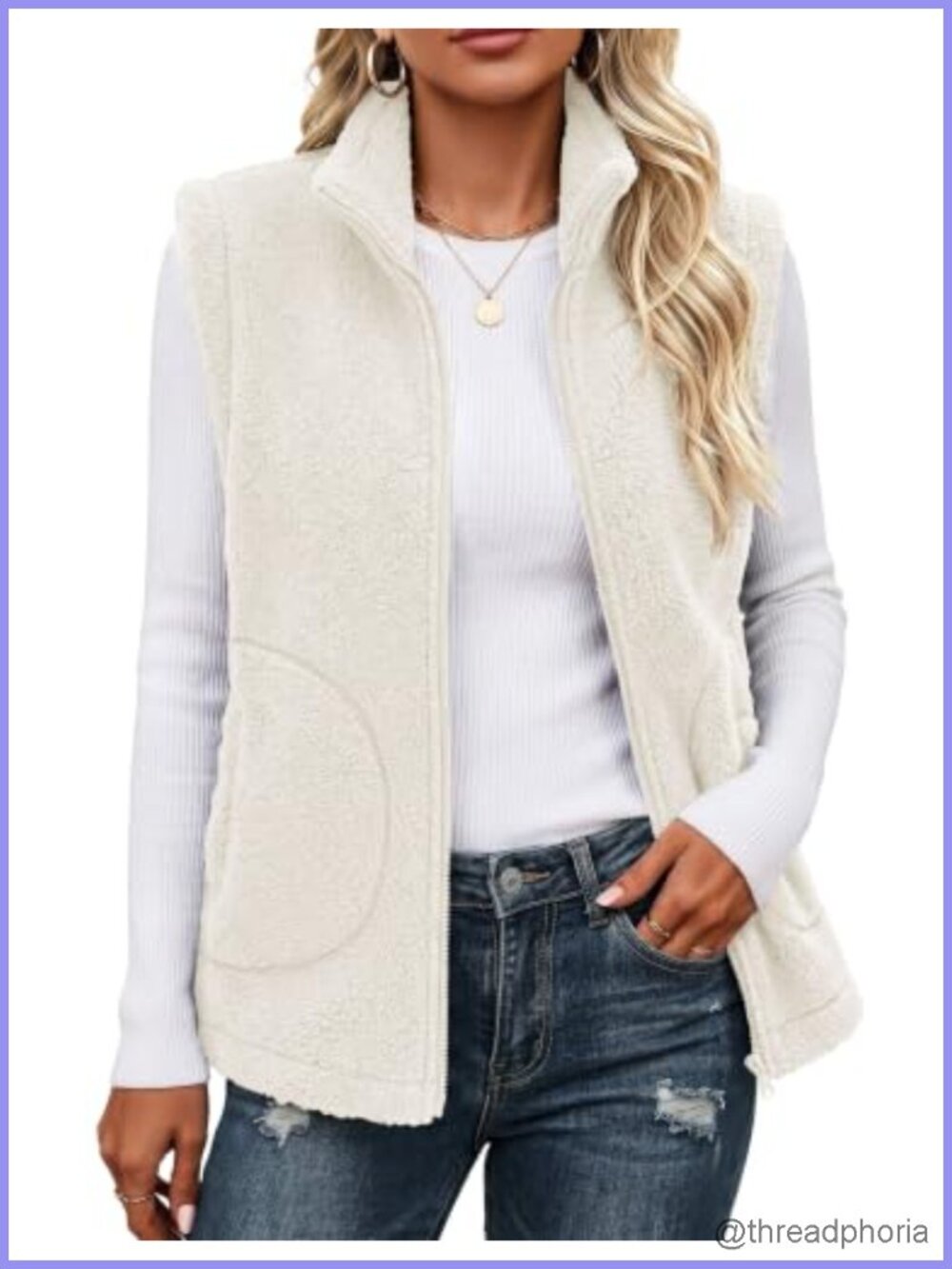 Womens Fuzzy Fleece Sherpa Zip Up Vest with Pockets